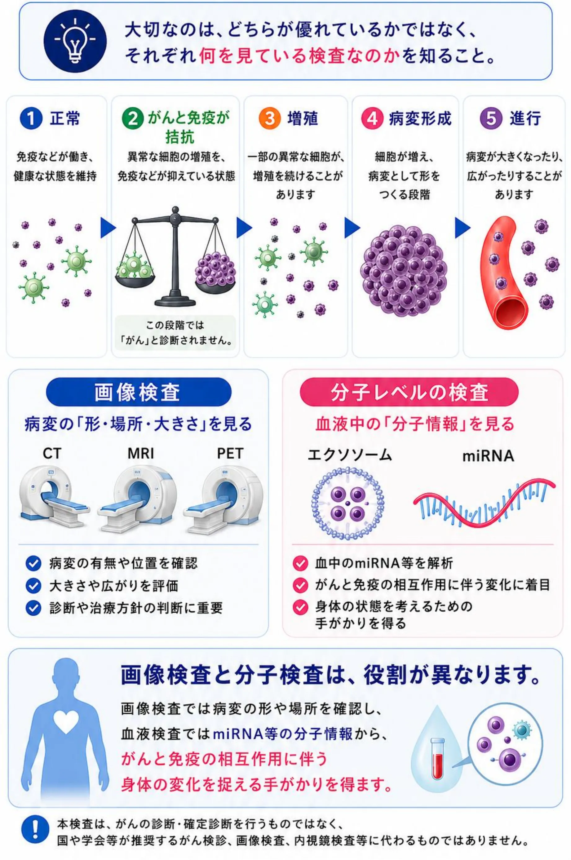 大切なのは、どちらが優れているかではなく、それぞれ何を見ている検査なのかを知ること。進行の段階は、①正常(免疫などが働き、健康な状態を維持)、②がんと免疫が拮抗(異常な細胞の増殖を、免疫などが抑えている状態。この段階では「がん」と診断されません)、③増殖、④病変形成、⑤進行。画像検査(CT・MRI・PET)は病変の形・場所・大きさを見て、病変の有無や位置を確認し、大きさや広がりを評価します。分子レベルの検査は血液中の分子情報(エクソソーム・miRNA)を見て、がんと免疫の相互作用に伴う変化に着目します。本検査は、がんの診断・確定診断を行うものではなく、国や学会等が推奨するがん検診、画像検査、内視鏡検査等に代わるものではありません。