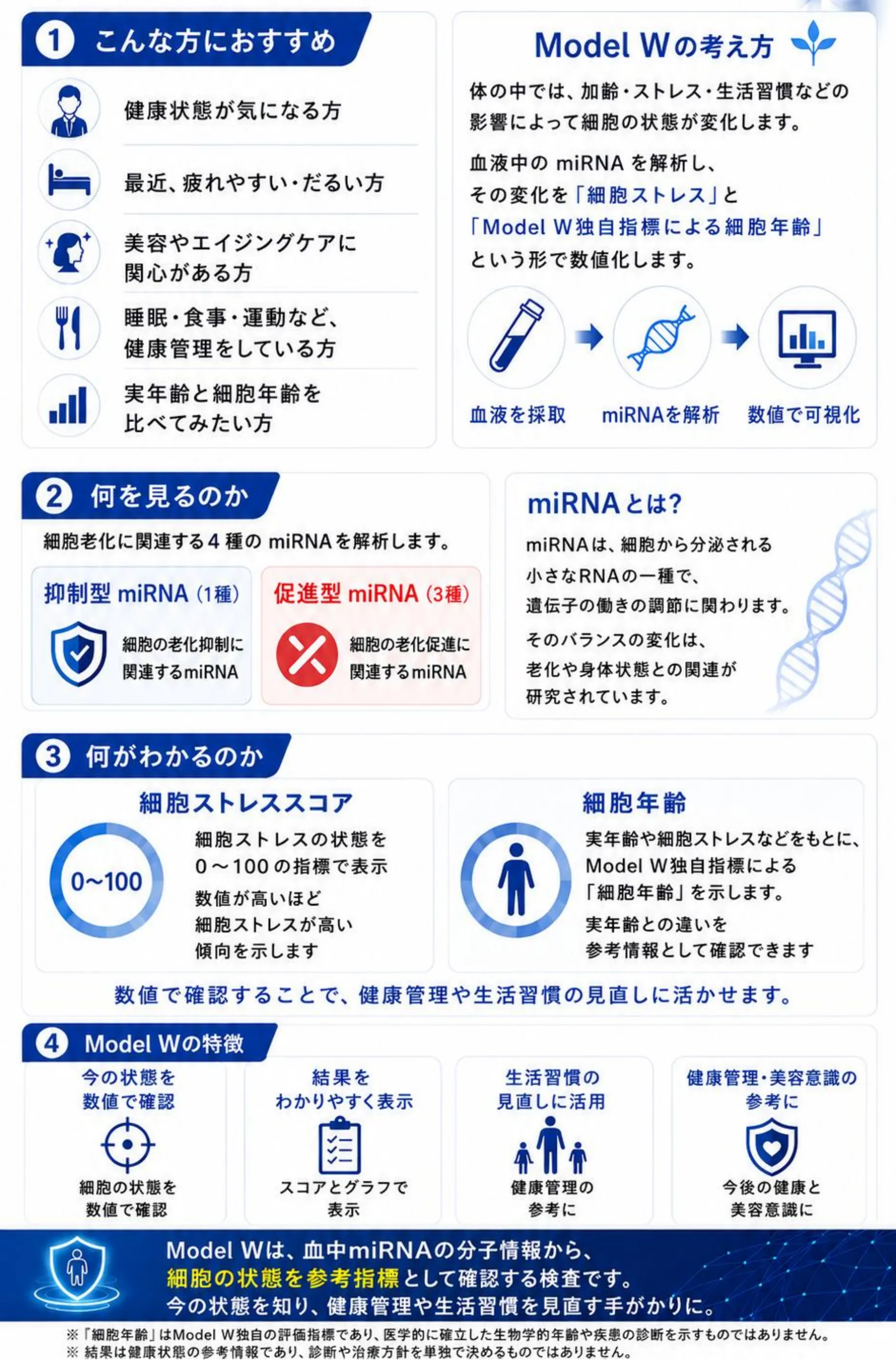 ①こんな方におすすめ:健康状態が気になる方、疲れやすい・だるい方、美容やエイジングケアに関心がある方、睡眠・食事・運動など生活習慣を見直したい方。Model Wの考え方:体の中では、加齢・ストレス・生活習慣などの影響によって細胞の状態が変化します。②何を見るのか:抑制型miRNAと促進型miRNA。③何がわかるのか:細胞ストレススコアと細胞年齢。Model Wは、血中miRNAの分子情報から、細胞の状態を参考指標として確認する検査です。「細胞年齢」はModel W独自の評価指標であり、医学的に確立した生物学的年齢や疾患の診断を示すものではありません。結果は健康状態の参考情報であり、診断や治療方針を単独で決めるものではありません。