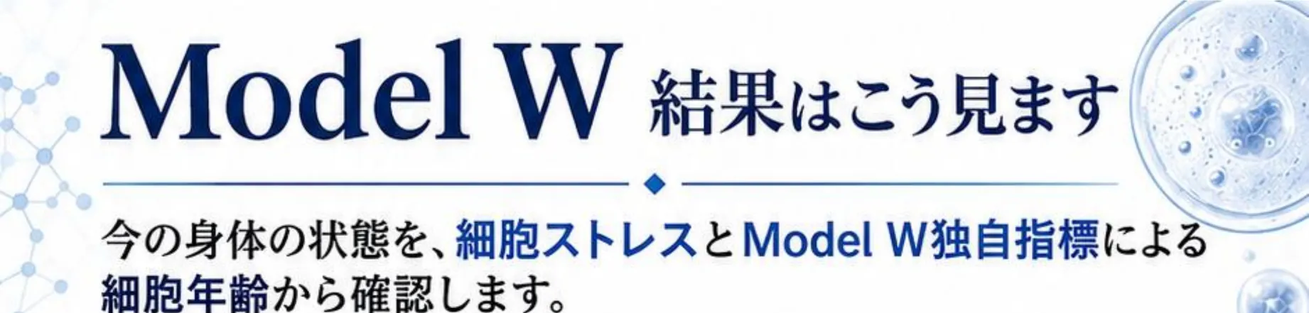 Model W 結果はこう見ます。今の身体の状態を、細胞ストレスとModel W独自指標による細胞年齢から確認します。