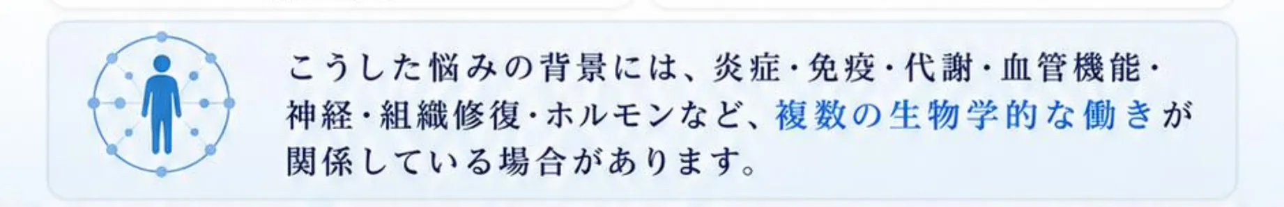 こうした悩みの背景には、炎症・免疫・代謝・血管機能・神経・組織修復・ホルモンなど、複数の生物学的な働きが関係している場合があります
