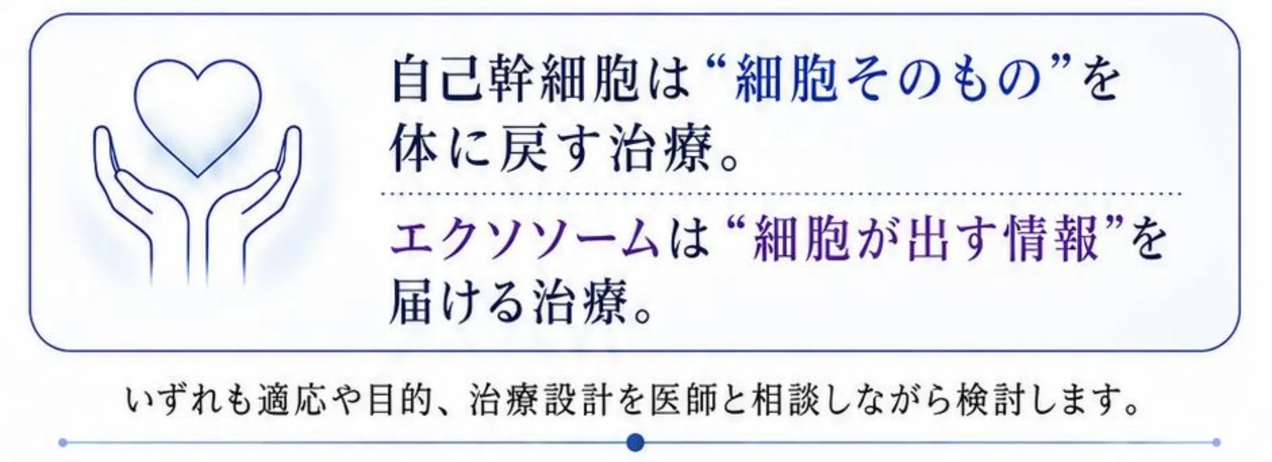 自己幹細胞は“細胞そのもの”を体に戻す治療。エクソソームは“細胞が出す情報”を届ける治療。いずれも適応や目的、治療設計を医師と相談しながら検討します