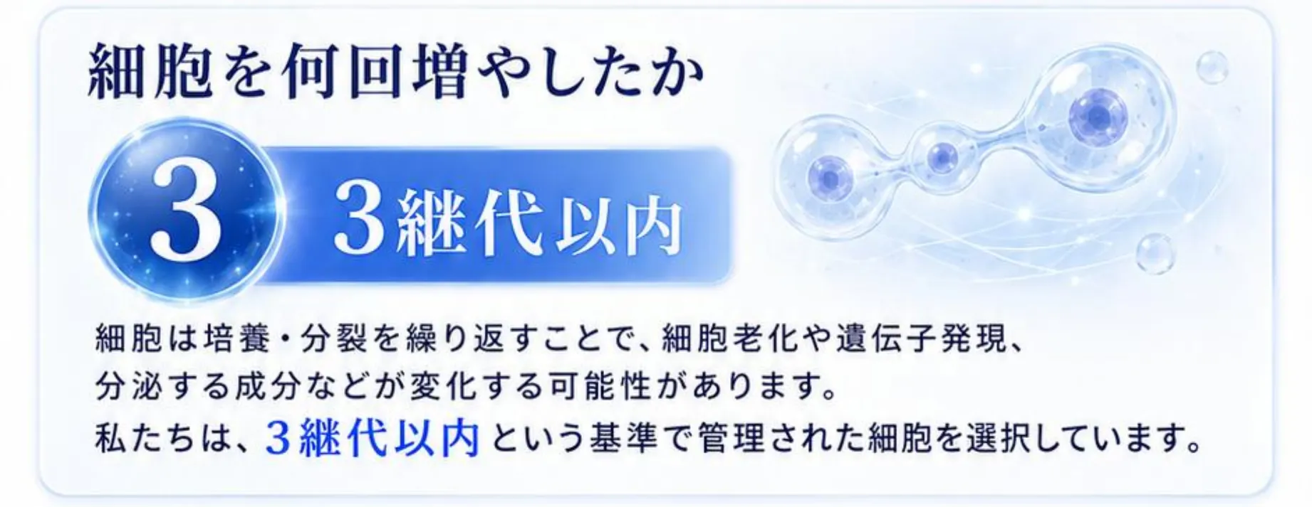 細胞を何回増やしたか。3継代以内という基準で管理された細胞を選択しています
