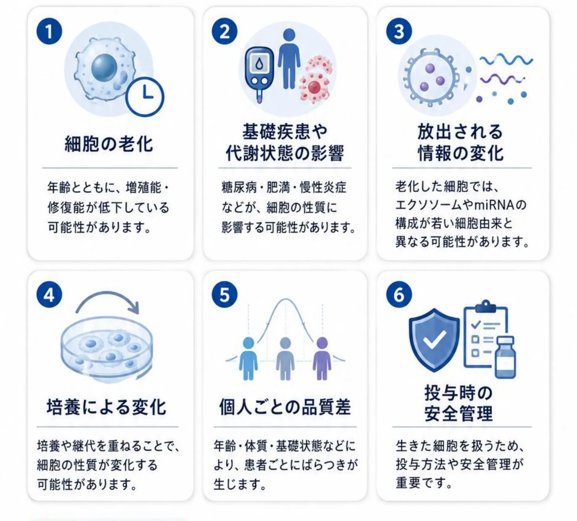 自己脂肪幹細胞で考えられる6項目。細胞の老化、基礎疾患や代謝状態の影響、放出される情報の変化、培養による変化、個人ごとの品質差、投与時の安全管理
