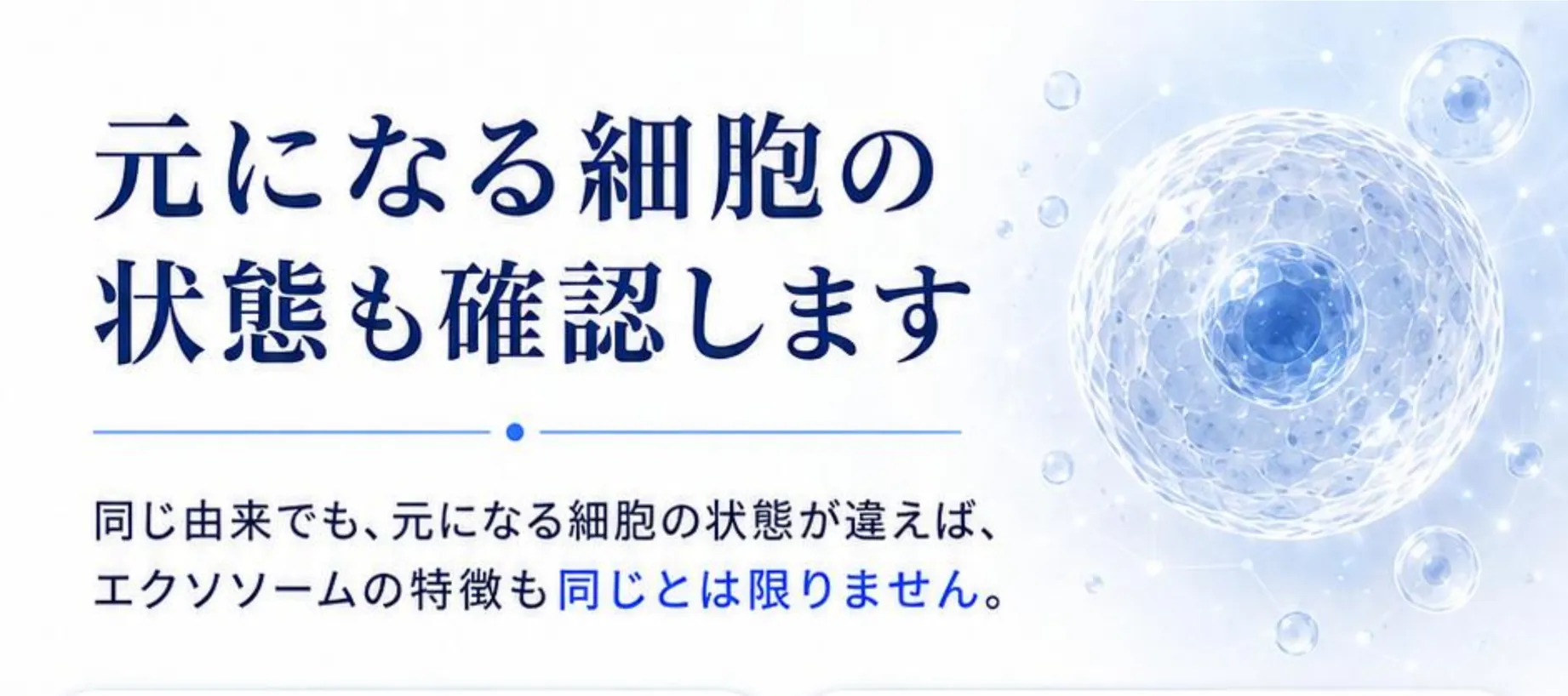 元になる細胞の状態も確認します。同じ由来でも、元になる細胞の状態が違えば、エクソソームの特徴も同じとは限りません。