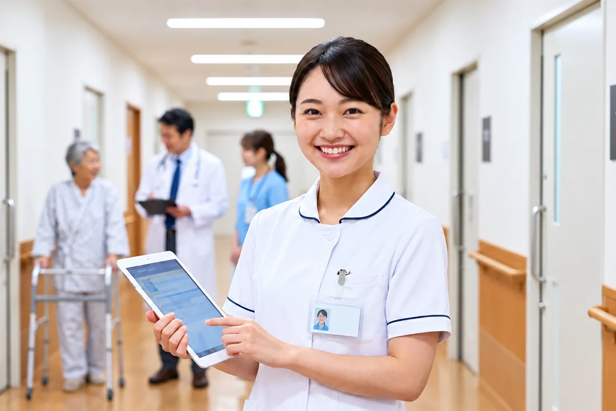 タブレットを持つ倉重病院の看護師と、廊下を歩く患者様